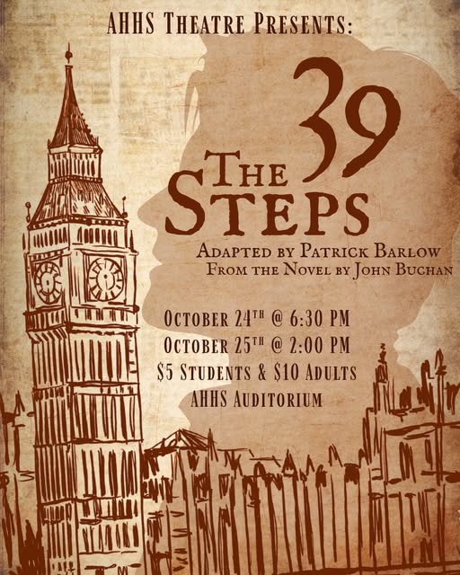 AHHS Theatre's 39 Steps poster shared on Instagram on August 26, 2026.